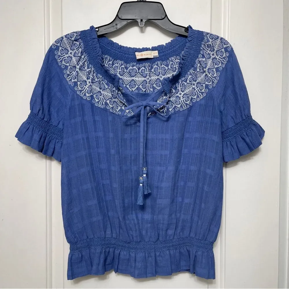 Tory Burch Nina Embroidered Peasant Short Sleeve Blouse in Blue Size XS